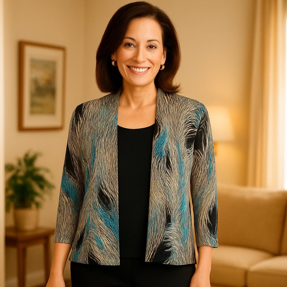 JM Collection Petite P/XL Peacock Print Cardigan Set Blue Black Office Classic